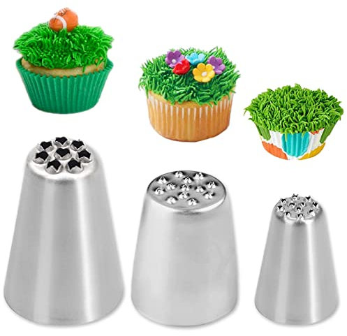 ExceLife 3 Pcs Grass Icing Nozzles Set, Stainless Steel Russian Grass Cream Tips Cake Decorating Piping Nozzles for Fury Cake Fondant Buttercream Decoration