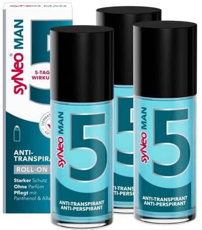syNeo 5 MAN Antitranspirant Deo Roll-On – 5-Tage-Wirkung – starker Schutz gegen Schwitzen & Geruch – Deoroller für Achseln – ohne Parfum – dermatologisch getestet – für Herren – 3er Pack (3 x 50 ml)