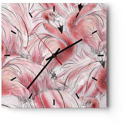 Modern Wanduhr Flamingo Pink Exotik 40x40cm Quadrat Groß Wand Uhr Glas Analog Zimmeruhren Küche Büro Wohnzimmer Glasuhr Wall Clock Dekoration Design Wanddekoration Küchenuhr C3AC40x40-5070