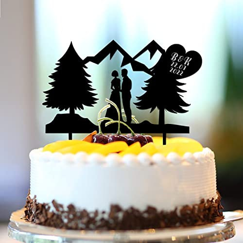 Topper per torta nuziale con alberi di montagna in acrilico nero Mr e Mrs nomi personalizzati sagoma data est divertente sposa e sposo topper per torta per fidanzamento sposa futura decorazione torta