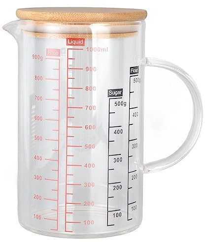 Measuring jug, 1000ml Measuring Jar Glasses Beaker Mug Glass Measuring Cup with Airtight Lid Graduated with Ergonomic Handle for Kitchen Restaurant(XXL)