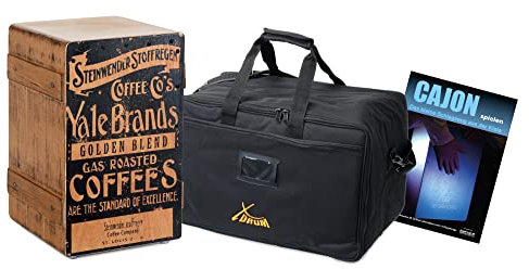 XDrum Design Series Cajon “Coffee” Set - Designer-Cajon mit Vintage-Aufdruck - Integrierter Bass Port - Korpus aus HPL in Bananenkisten-Optik - Snare-Effekt - inkl. Tasche und Cajon-Schule