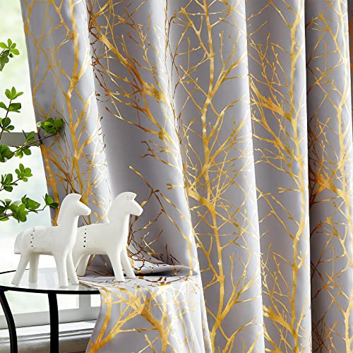 FMFUNCTEX Grau Gold Blickdichte Vorhänge Metallic Zweig Muster Verdunkelungsvorhänge mit Ösen Thermovorhang Hitzeschutz Gardinen für Wohnzimmer Schlafzimmer 2er Set, 225 x 132 cm (H x B)