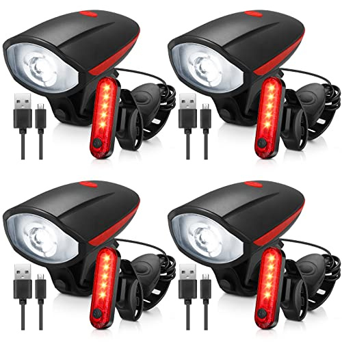 Hanaive 4 Sets Bike Lights for Night Riding with Horn USB Rechargeable LED Bicycle Front 3+4 Modes Headlight Taillight Set Bright Waterproof Accessories for Men Women Road Mountain Bike(Popular Style)