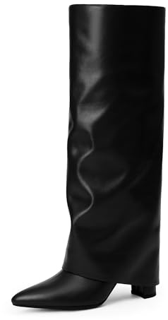 Modatope Black Womens Boots Chunky Heel Fold Over Knee High Boots Pointed Toe Dress Boots Fashion Black Tall Boots Zipper Long Boot Size 9