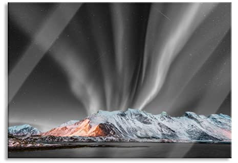 Pixxprint Glasbild, Wandbild aus Echtglas, Nordlichter über Gletscher in Norwegen B&W Detail, 100x70 cm, inkl. Aufhängung und Abstandshalter