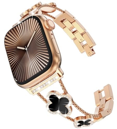 KADES Edelstahl Armband für Apple Watch Armband Damen,Bling Diamond Strass Armband für Apple Watch se armband,Metallarmband für Apple Watch series 10 42mm,9/8/7 41mm,6/5/4 40mm,3 38mm,Roségold/Schwarz