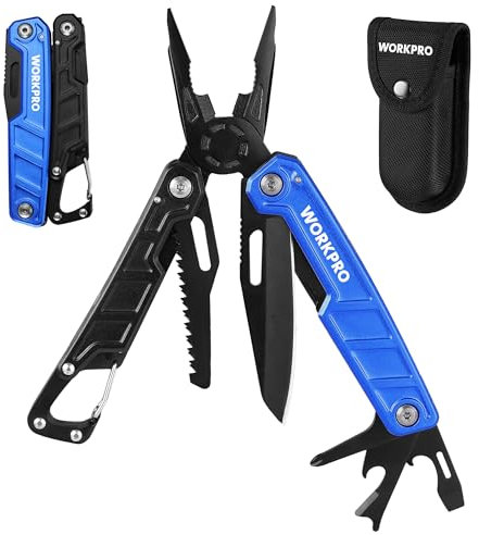 WORKPRO Pinza Multiuso, Pinza Multiuso con Coltello, Cacciavite, 11 in 1 Pinza Tascabile Multifunzione in Acciaio Inossidabile, con Fibbia da Alpinismo e Borsa Oxford (Blu e Nero)