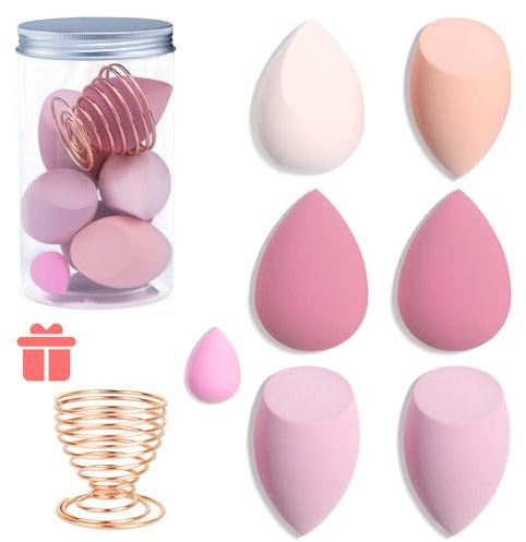 7 Pcs Makeup Blender Sponge Set - Soft Beauty Sponge Blender with a Bottle and Egg Case Holer for Blending Foundation, Cream and Powder (Pink+Matel Holder-Can Packing)
