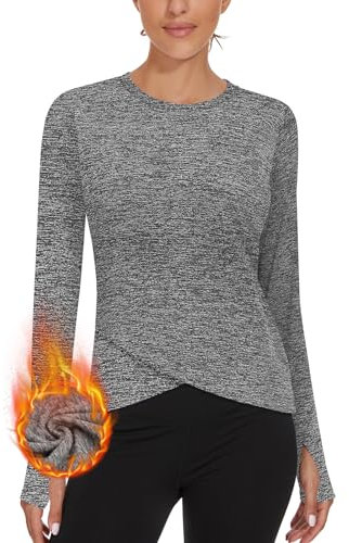 Soneven Thermoshirt Funktionsshirt Damen Langarm Wander Warm Tshirt Damen Fleece Crop Pullover Damen mit Cross Hem Laufshirt Grau M