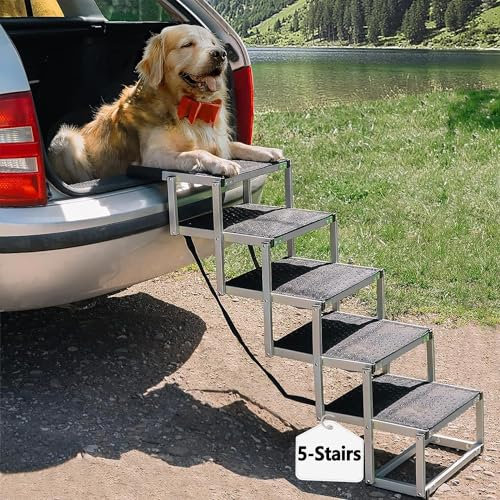 Upgraded Dog Steps for Car, 5 Steps Dog Car Stairs for Medium and Large Dogs, Portable Folding Pet Steps for Vehicles, Trucks, Non-Slip Lightweight Pet Ladder