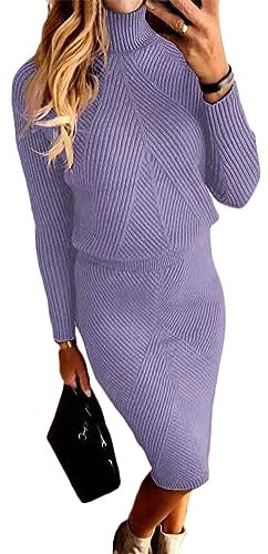 ORANDESIGNE Robe en Tricot Femme Ensemble 2 Pièces Pull à Col Roulé et Tricoté Midi Jupe Crayon Tricoté Automne Hiver Ensembles de Jupe 2 Pièces A Lila Clair 3XL