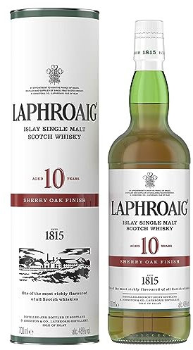 Laphroaig 10 Years Old Sherry Oak Finish | Single Malt Peated Scotch Whisky | Islay | Maple Syrup and Dark Chocolate | Bourbon and Oloroso Sherry Oak Cask Matured | 48 Percent ABV | 70 cl
