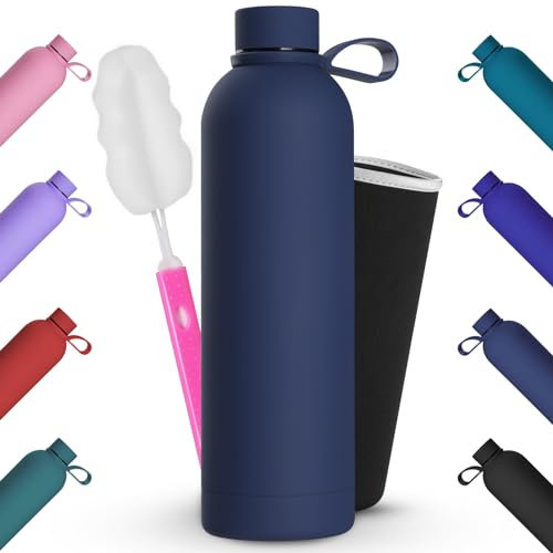 Geepen Botella Termica 1L Botella de agua acero inoxidable con cepillo + bolsa portátil Soporte para botella de agua deportiva para acampar,escuela,deportes,gimnasio, Azul Oscuro