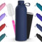 Geepen Botella Termica 1L Botella de agua acero inoxidable con cepillo + bolsa portátil Soporte para botella de agua deportiva para acampar,escuela,deportes,gimnasio, Azul Oscuro