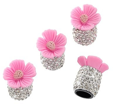 iSpchen 4 Stück Diamant-Ventildeckel für Autos,Kirschblüten Universal-Reifen-Ventilkappen Auto Reifenkappen Ventilkern Reifen Ventilschaftabdeckungen für Auto, LKW, Motorrad, Fahrrad,Rosa