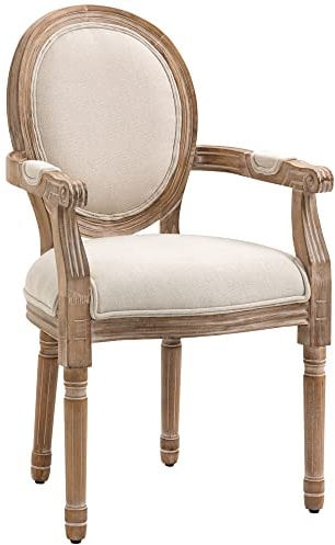 HOMCOM Esszimmerstuhl Küchenstuhl mit Leinenoptik, Essstuhl, Armlehnstuhl mit Rückenlehne, Holzbeine, Polsterstuhl bis 150 kg Belastbar, für Wohnzimmer, Küche, Creme