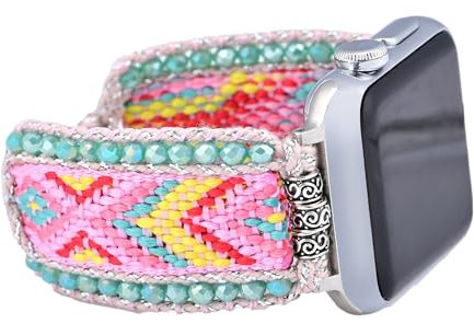 SaiDuoDuo Boho Nylon Armband Kompatibel mit Apple Watch 40mm 41mm 38mm 42mm 44mm 45mm Armband Handmade Woven Böhmische Perlen Armband für iWatch Serie 9/8/SE/Ultra/7/6/5/4/3/2/1,Rosa,38/41mm