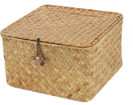 Moosky Wicker Shelf Baskets with Lid, Handwoven Seagrass Storage Basket Bins Square Gift Boxes for Shelves Home Decor Organizer (Natural, Small)