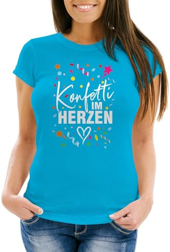 MoonWorks® Damen T-Shirt Fasching Karneval Konfetti im Herzen Kostüm-Ersatz Verkleidung Funshirt Frauen Tuerkis XL