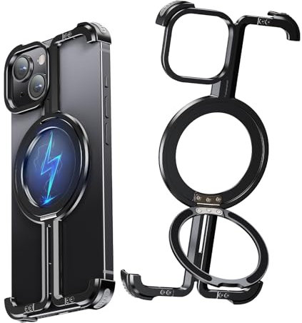 NIFBANG Frameless Aluminium Case for iPhone 15 Plus, Magnetic Shockproof Mobile Phone Case with Magsafe, Anti-Scratch Anti-Fingerprint Cases, Thin, Protective Case with Integrated Stand (Black)
