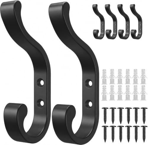 jockcaras Large Black Coat Hooks, Heavy Duty Wall Hooks for Hanging, 6 Pack | Wall Mounted, Bathroom Towel Hooks, Metal Coat Hangers for Clothes, Backpack, Bag, Hat and Jacket, Screw-In Door Hooks