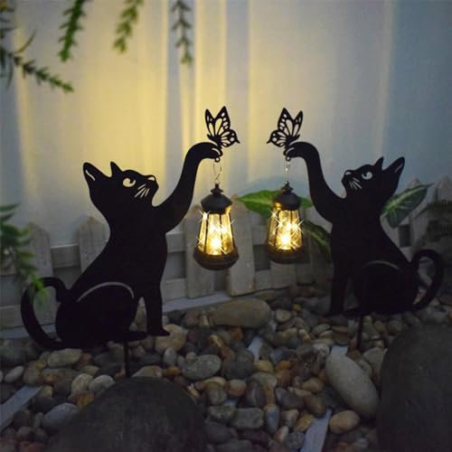 ZOKBOM Solar Cat Garden Statue Outdoor, 2Pcs Cat Solar Lights for Garden Ornament, Waterproof LED Cat Solar Light Gifts for Women Mum Birthday Gift Garden Balcony Decor (Black)