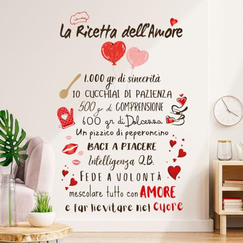 Gigio Store Adesivi murali frasi amore scritte adesive in italiano “La Ricetta dell’Amore” (60x40 cm) - decorazione murale fai da te per pareti soggiorno, cucina, camera da letto, bar, ristoranti