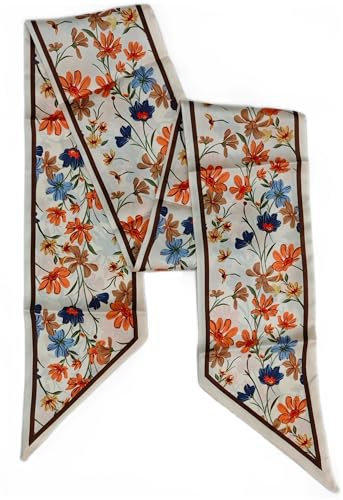 GIMIRO Satin Seidenschal 148 x 13,5 cm Krawatte Double Layer Bund für Blazer, Mantel, Kleid (22# Beige/Orange/Blue Floral)