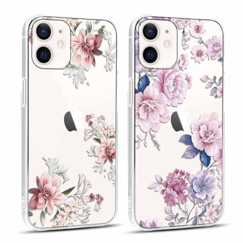 Yoedge 2 Stück Transparent Handyhülle für iPhone 12 Mini Hülle, Blumen Muster Mädchen Aesthetic Handyhülle, Ultra Weich Silikon Slim Klar TPU Stoßfest Durchsichtig Schutzhülle für iPhone 12 Mini 5,4