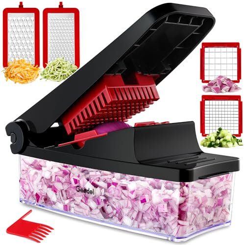 Geedel Professionnelle Mandoline Cuisine, Coupe Legumes Multifonctions 4 en 1 avec Récipient, Mandoline Multifonctions pour Salade, Oignon, Pomme de Terre, Carotte.(Rouge)