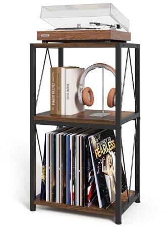 Soporte para tocadiscos, mesa auxiliar de 3 niveles con almacenamiento de discos de vinilo, mesa de tocadiscos con almacenamiento, soporte giratorio para reproductor de vinilo, soporte para discos de