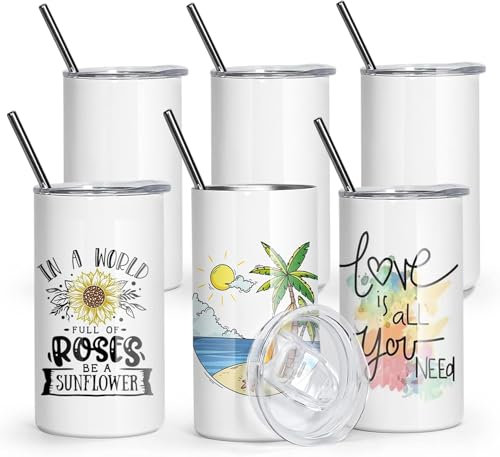 sweet grain Lot de 6 gobelets à sublimation droits en acier inoxydable à double paroi personnalisés pour enfants avec couvercles et pailles pour cadeau de bricolage, café, thé, boisson - 355 ml
