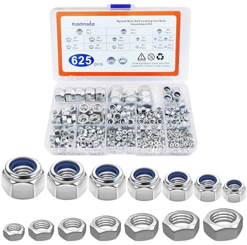 Nadinsta 625 Pezzi Dadi di Bloccaggio Autobloccanti, Dadi Autobloccante Controdado a Vite, Esagonali in Acciaio Inox Per Viti e Bulloni M2/M2.5/M3/M3.5/M4/M5/M6/M8/M10/M12