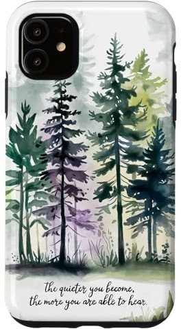 Coque pour iPhone 11 Aquarelle vert serein et forêt sarcelle avec citation calme