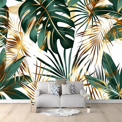 Papier Peint Panoramique Feuilles De Palmier Vertes Et Dorées 350x256 cm Papier Peint Intissé Mural, Poster Geant Mural Impression 3D, pour Salon Chambre d'enfants restaurant Décoration Murale
