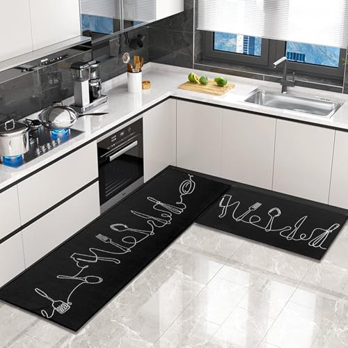 OPLERT 2 Piezas Alfombras y Tapetes de Cocina,Alfombrillas de Cocina Antideslizantes Lavables,para Cocina,Pasillo,Salón,Dormitorio,Negro,40x60+40x120cm