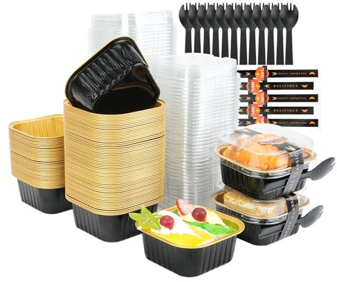RETON 100 Pcs Mini Cake Pans with Lids, 5oz Aluminum Foil Baking Pans Cupcake Liners, Mini Loaf Cake Cases with Stickers and Sporks, Small Loaf Cake Cases for Valentine's Day Party Wedding (Black)