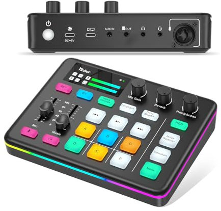 Yinker Mélangeur audio de jeu, interface audio RVB avec alimentation fantôme 48 V, Bluetooth, changeur de voix, 6 tampons sonores personnalisés pour le streaming en direct, les podcasts