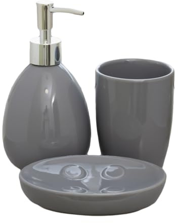 Set Of 3 Glossy Ceramic Bathroom Accessories Lotion Dispenser Soap Dish Tumbler (Grey)
