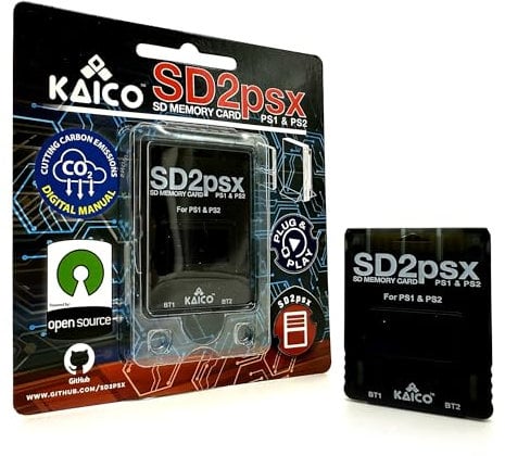 Kaico PSXMemCard Gen2 Speicherkarte kompatibel mit PlayStation 1 & 2, Firmware aufrüstbar, unbegrenzter Speicherplatz, enthält eine 8 GB MicroSD-Karte, High-Speed-Spiel-Speicherkarte für PS2/PS1/PS
