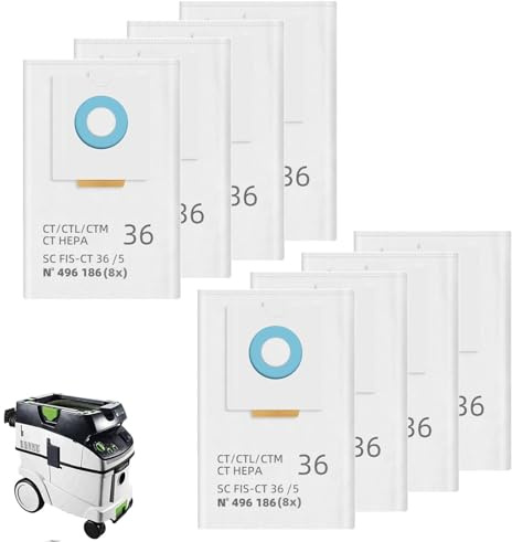 8 Stück 496186 Staubsaugerbeutel für Festool CT 36 / CTM 36 E/CTL 36 E CLEANTEC Serie, große Kapazität Einweg-Beutel,Ersatzteile Zubehör SC FIS-CT 36
