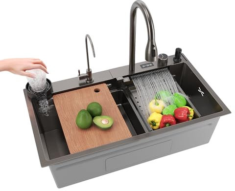 SIRHONA Fregadero de Cocina con Cascada, Fregadero Multifunción 1 Bandeja de Acero Inoxidable 80x45 cm, Grifo Retractable, Con Pantalla de Temperatura, Negro