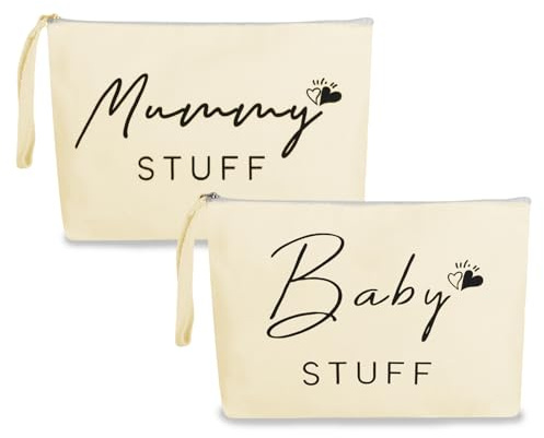 Lot de 2 sacs de maquillage en toile avec fermeture éclair pour future maman, femme enceinte, beige, 25 x 17 cm