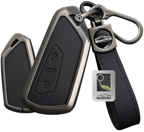 WUZUTU Metall Schlüsselhülle Passt für Skoda Enyaq IV80 Superb 4 Peaq Epiq | Leder Schlüsseletui für Ford Capri EV Tourneo Connect EcoBoost Titanium 2026 Keyless Schlüsselcover Schlüsselbox B-Schwarz
