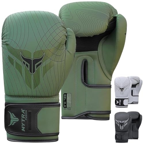 Gants de Boxe 10, 12, 14, 16 oz — Gants Frappe avec Paume en Maille Aérée Gants entraînement | Gants MMA, Muay Thai & Kickboxing pour Hommes & Femmes (Vert Olive, 14-oz)