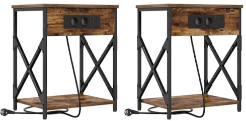 vidaXL Bedside table in smoked oak, reconstituted wood, brown. Set of 2 storage drawers. Metal frame. Dimensions: 41 x 31 x 51 cm. Modern style with integrated charging station. Black legs