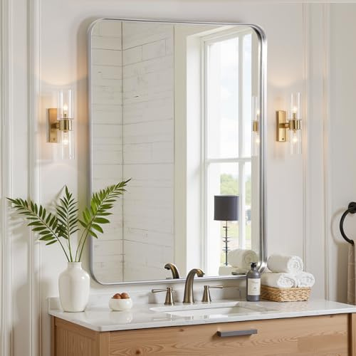 LunaMirror Wandspiegel 50 x 75 cm Badspiegel Badezimmer Spiegel Silber Modernes Design Dekorativer Wand Spiegel für Schlafzimmer, Eingangsbereich, Wohnzimmer, Flur