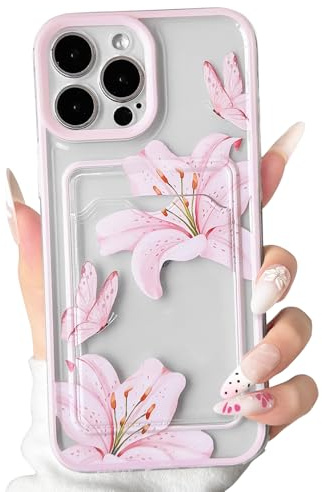 NITITOP for iPhone 13 Pro Case Clear Cute Lily Flower Wallet, Pink | for Women Girls, Floral Butterfly Pattern, with Card Holder, Color Frame, Soft TPU Shockproof Cover, Full Camera Protection
