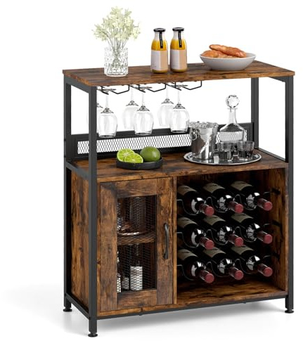 COSTWAY Weinschrank Industrial, Küchenschrank mit abnehmbarem Weinregal und integrierten Glashaltern, Kommode Holz, Sideboard Buffetschrank freistehend, 75 x 34 x 90,5 cm